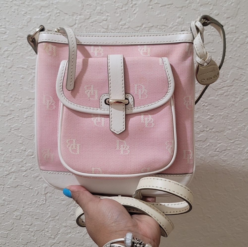 Dooney & Bourke Canvas Letter Carrier Pink & White Monogram Crossbody